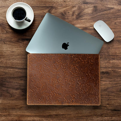 Handcrafted Leather MacBook Case with Embossed Floral Design, 13"