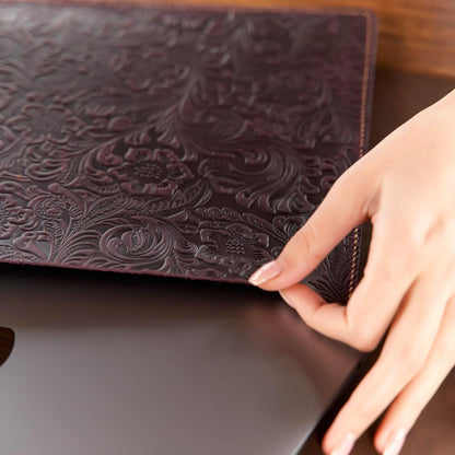 Handcrafted Leather MacBook Case with Embossed Floral Design, 13"