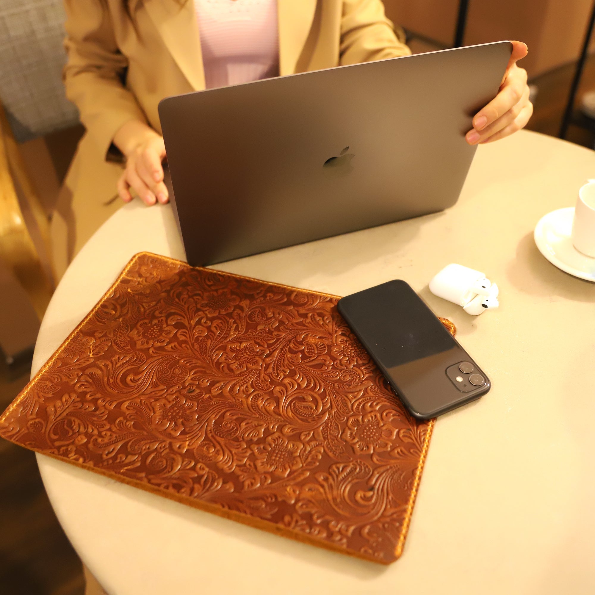 Handcrafted Leather MacBook Case with Embossed Floral Design, 13"