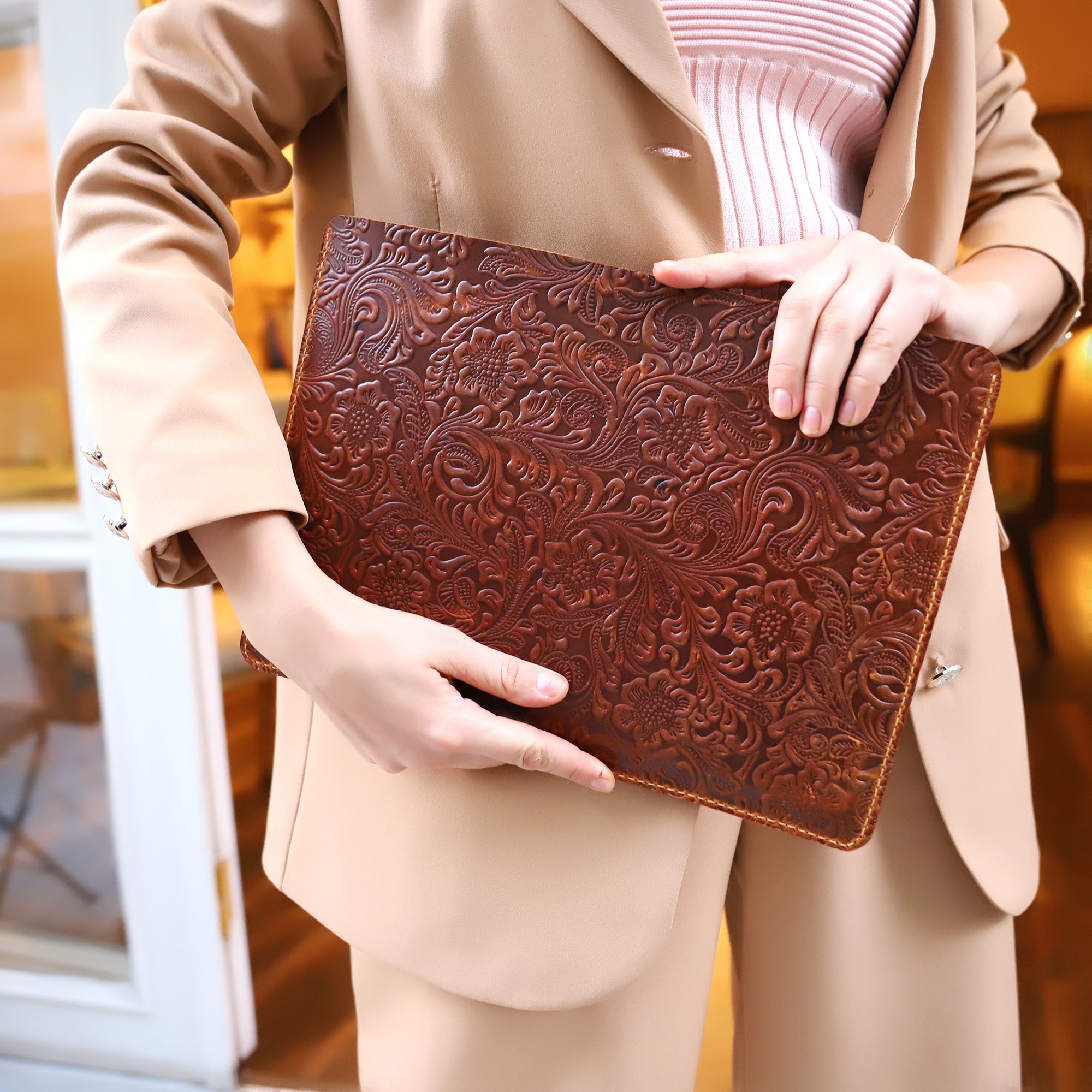 Handcrafted Leather MacBook Case with Embossed Floral Design, 13"